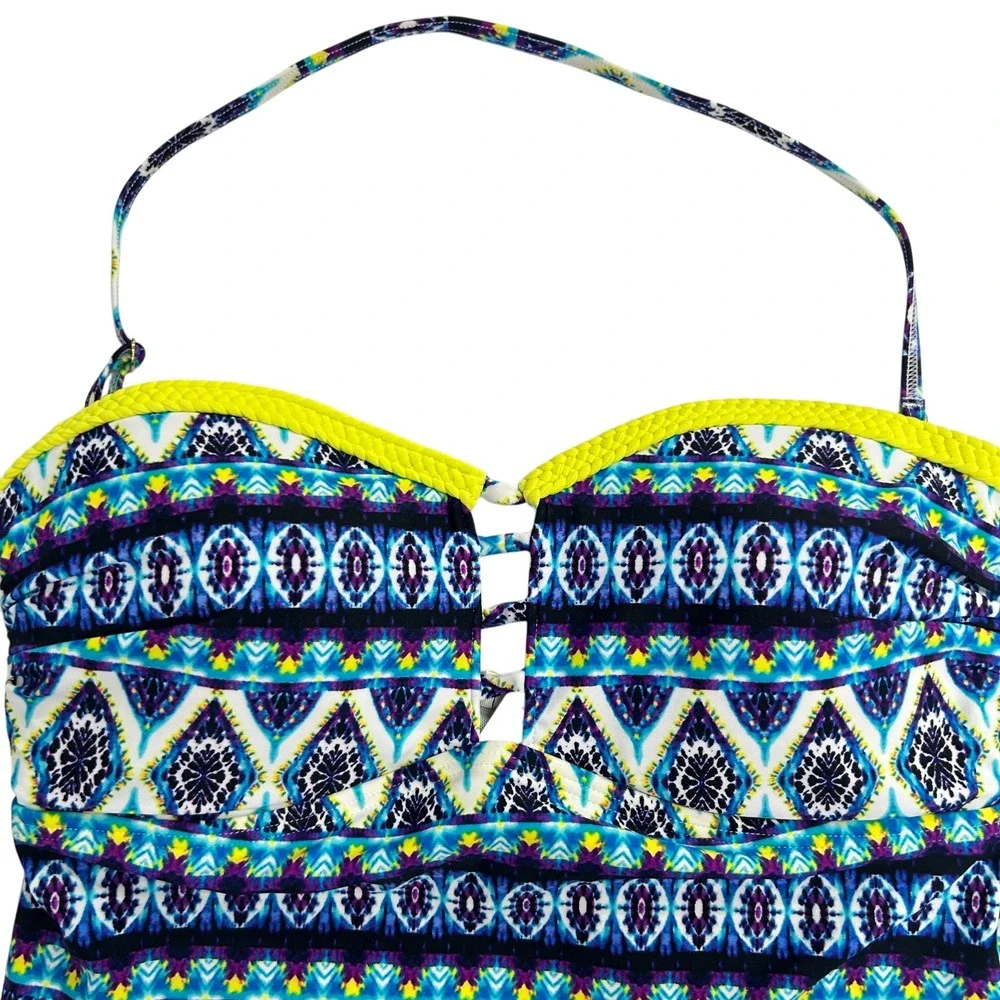 Jessica Simpson Tankini Swimsuit Set L Blue Tribal‎ Print Bandeau Boho Resort